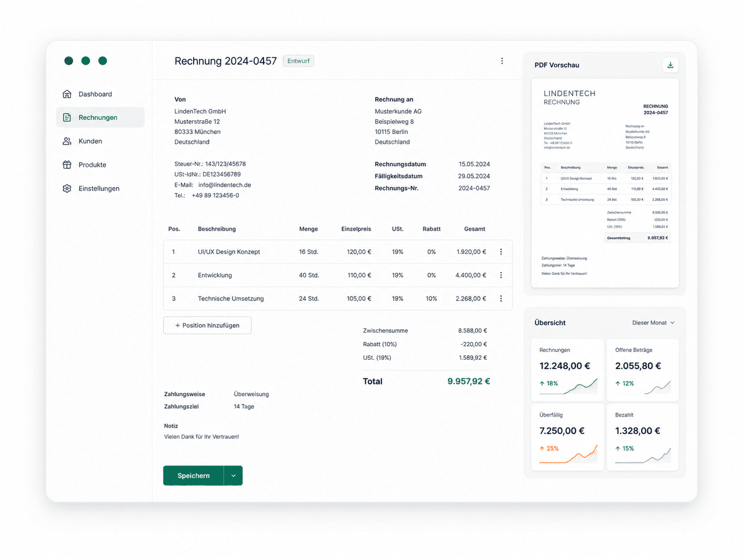 LindenTech invoices dashboard with invoice editor and PDF preview